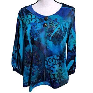New Directions Blue Purple Embellished 3/4 Sleeve Cardigan 2 Brass Button Large